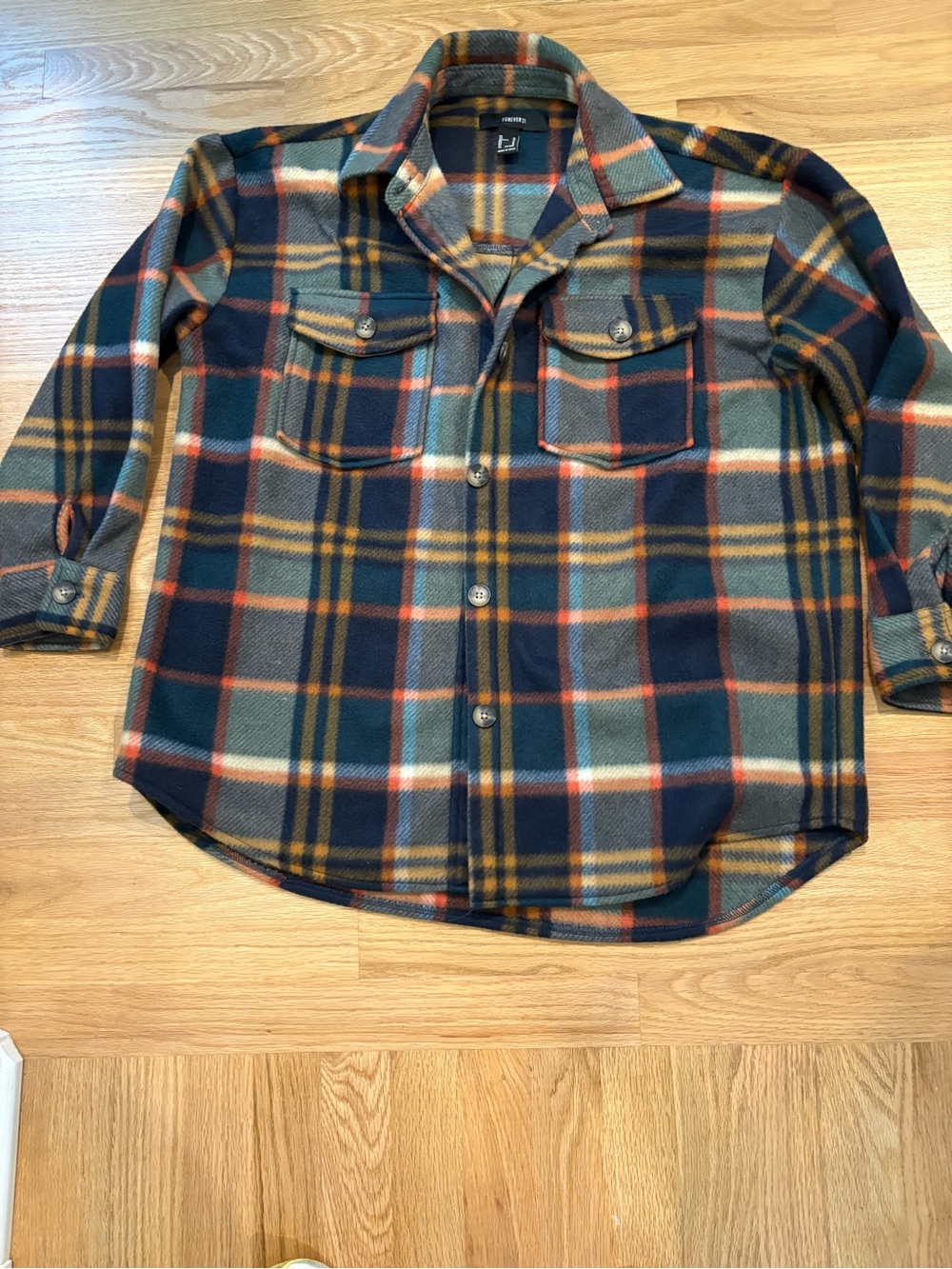 Forever 21 Women’s Plaid Button-Up Shirt Jacket in Navy, Green & Orange